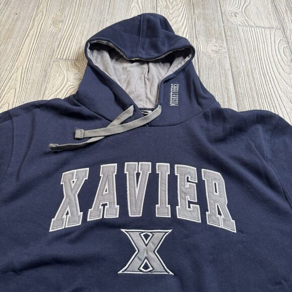 Xavier Musketeers Logo Hoodie Men’s XL Blue Stadium Athletics Sewn Letters  New - Picture 2 of 12